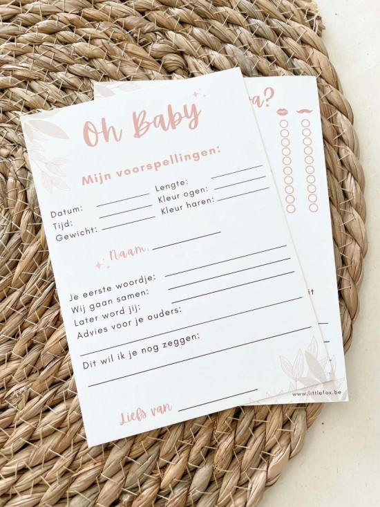 Babyshower invulkaartjes dubbelzijdig roze